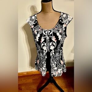 White House Black Market Graphic Cap Sleeve Jersey Top